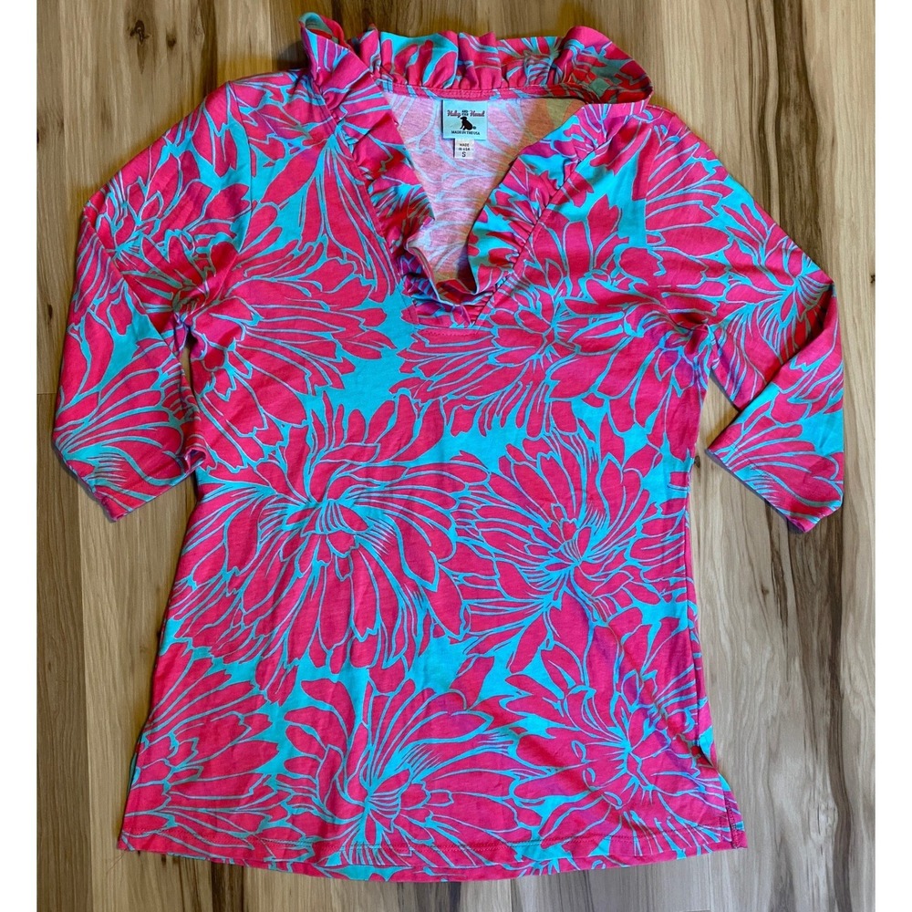 Haley and the Hound Pink Blue Floral Ruffle Neck 3/4 Sleeve Cotton Top Small